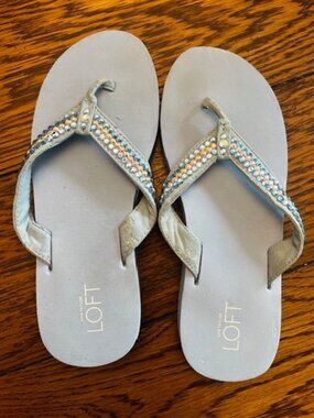 Women's Ann Taylor LOFT Flip Flop Bejeweled Sandals, Light Blue, Size 8, Ex Con!